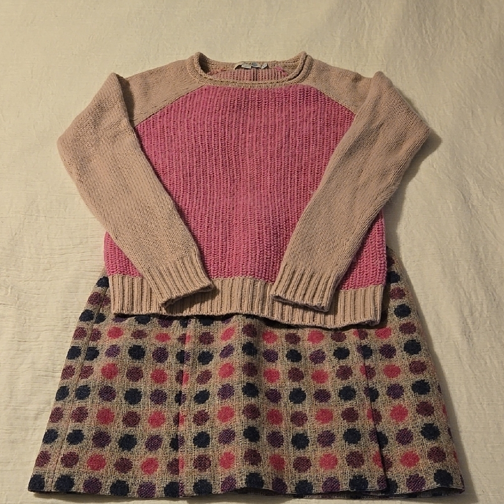 Mini Boden Pink and Beige Sweater with Patterned Skirt